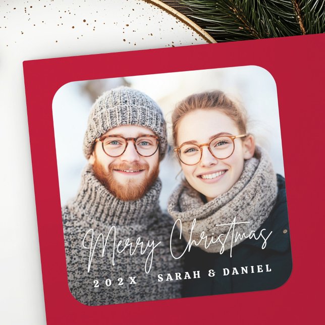Frohe Weihnachts handgeschriebenes Skript-Foto Quadratischer Aufkleber (Merry Christmas handwritten script photo Square Sticker)
