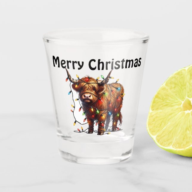 Frohe Weihnachts-Highland-Kuh Schnapsglas (Vorderseite)