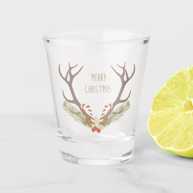 Frohe Weihnachts-Hirsch-Antler-Kranz Schnapsglas (Vorderseite)