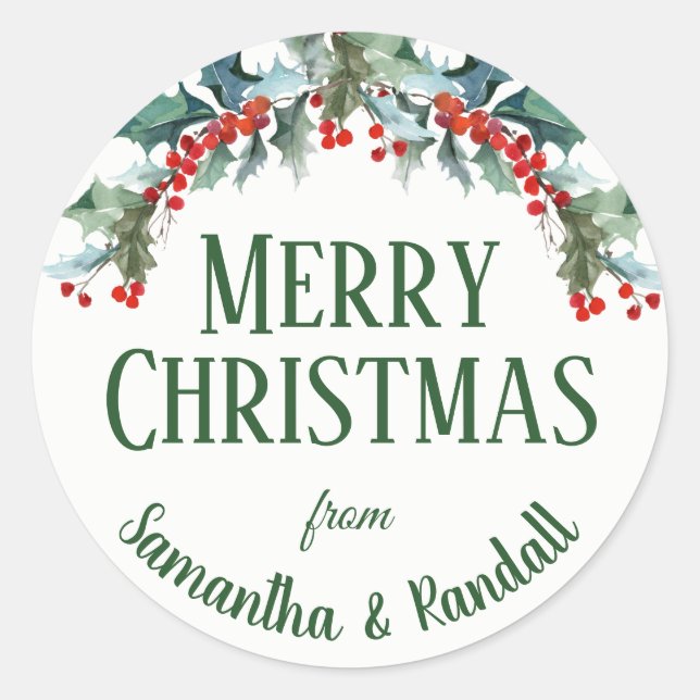 Frohe Weihnachts-Holly-Zweige und Ihr Name Runder Aufkleber (Vorderseite)