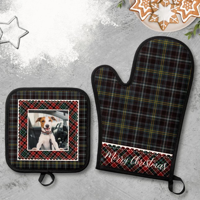 Frohe Weihnachts-Hund-Foto Kariert Ofenhandschuh & Topflappen-Set (Merry Christmas Dog Photo Plaid Oven Mitt & Pot Holder Set)