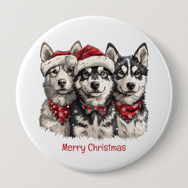 Frohe Weihnachts-Husky-Hunde Button (Vorderseite)