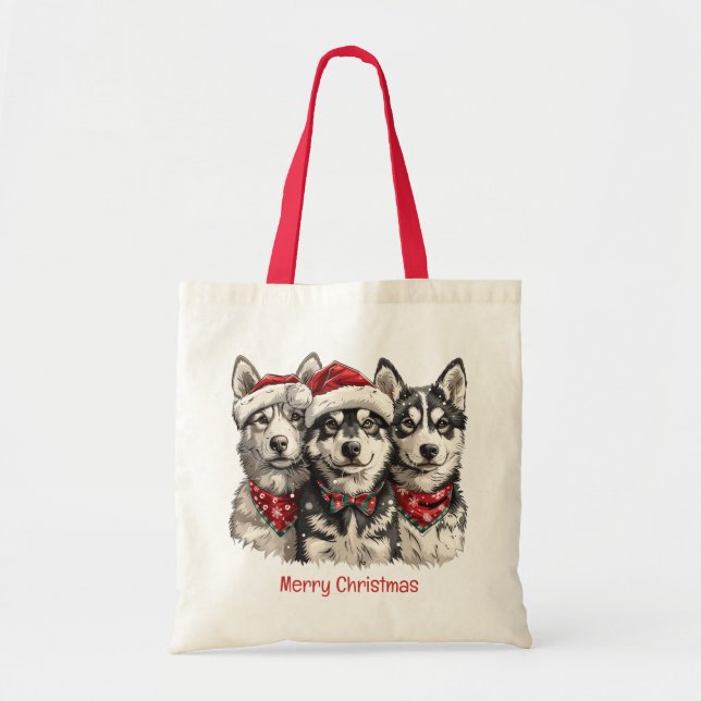 Frohe Weihnachts-Husky-Hunde Tragetasche (Vorne)