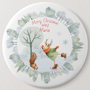 Frohe Weihnachts-Ice Skaten Deer im Winter am Button