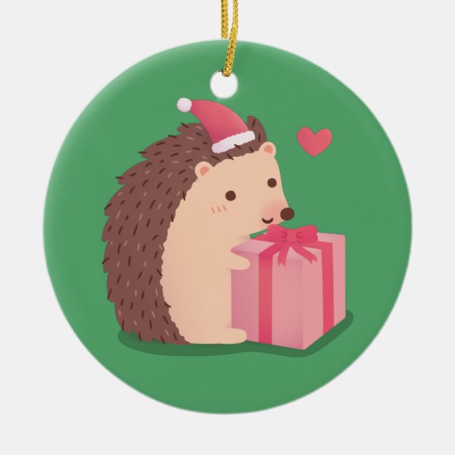 Frohe Weihnachts-Igel mit der Gegenwart Keramik Ornament (Vorne)
