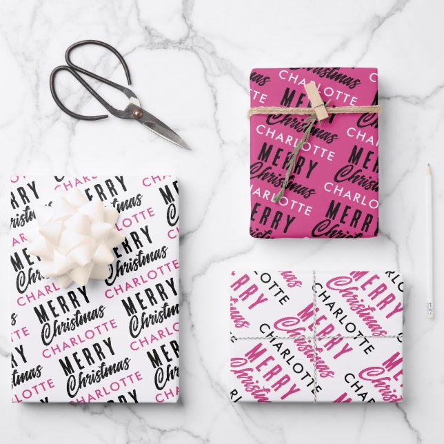 Frohe Weihnachts-Individuelle Name Pink Trendy Geschenkpapier Set (Vorderseite)