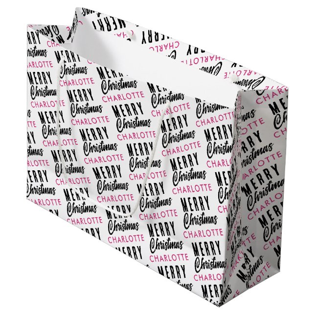 Frohe Weihnachts-Individuelle Name Pink Trendy Große Geschenktüte (Vorderseite Schrägansicht)