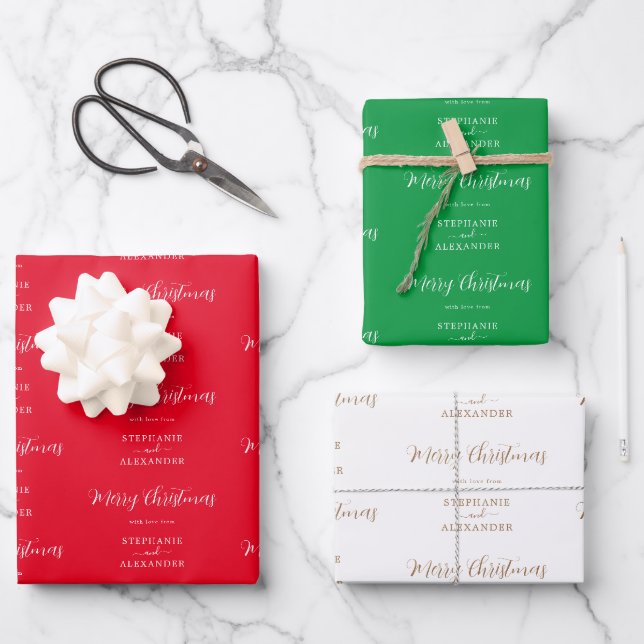 Frohe Weihnachts-Individuelle Name Red White Green Geschenkpapier Set (Vorderseite)