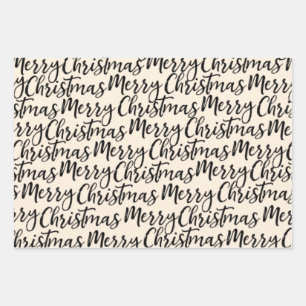Frohe Weihnachts-Kalligrafie Muster Schwarze Creme Geschenkpapier Set