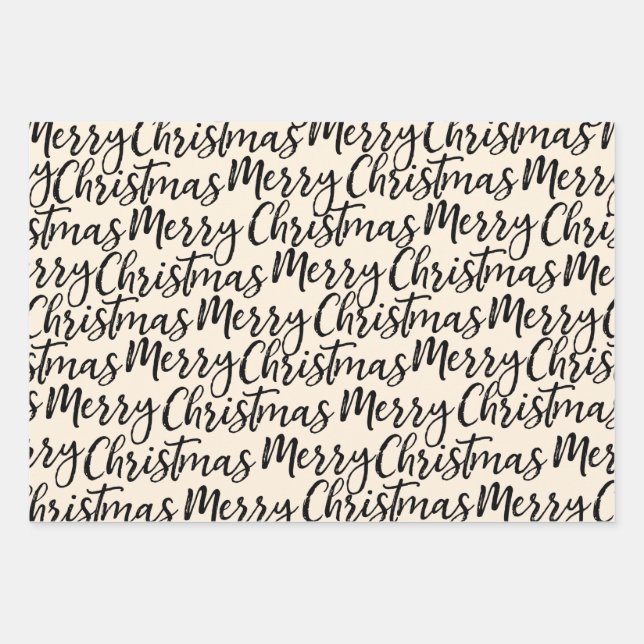 Frohe Weihnachts-Kalligrafie Muster Schwarze Creme Geschenkpapier Set (Vorderseite)