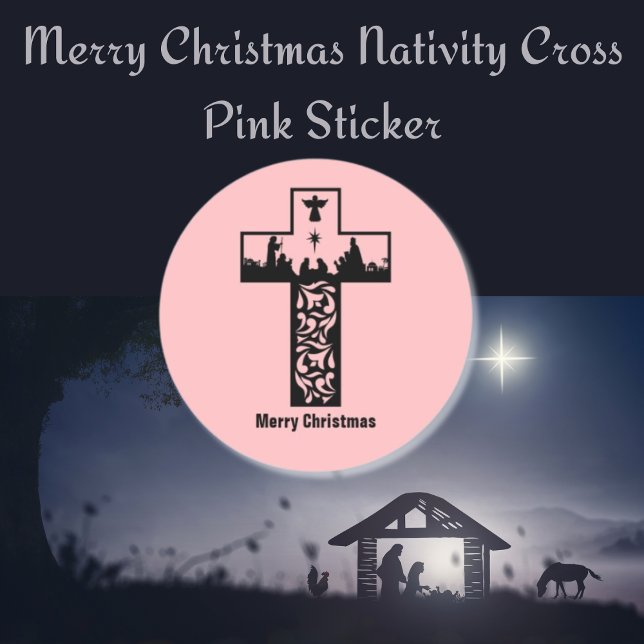 Frohe Weihnachts-Krippe rosa Runder Aufkleber (Merry Christmas Nativity Cross Pink Classic Round Sticker)
