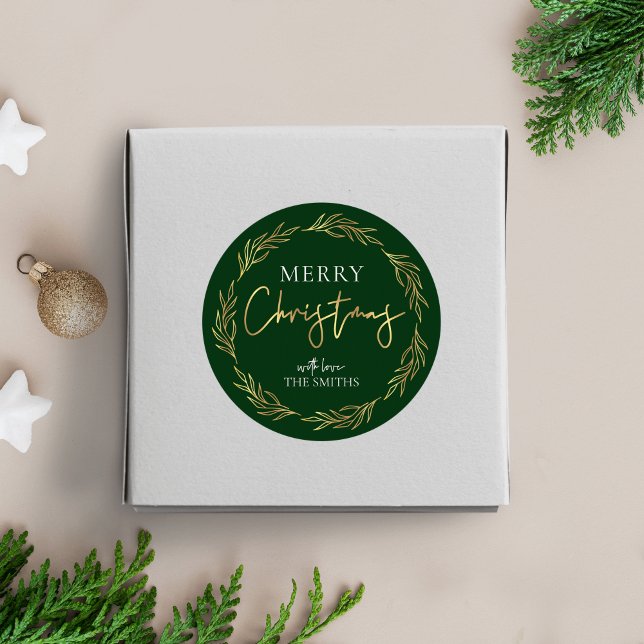 Frohe Weihnachts-Label Holly Wreath Imitate Gold F Runder Aufkleber (Von Creator hochgeladen)