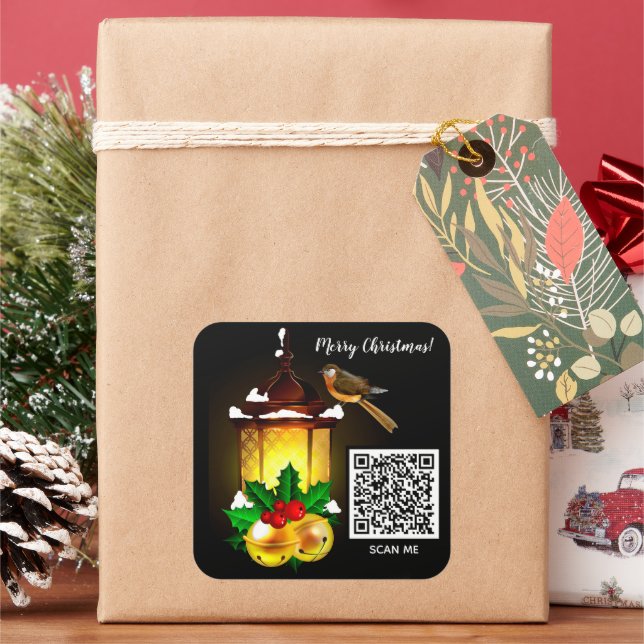 Frohe Weihnachts-Lantern-Bird QR-Code Quadratischer Aufkleber (Feiertag)