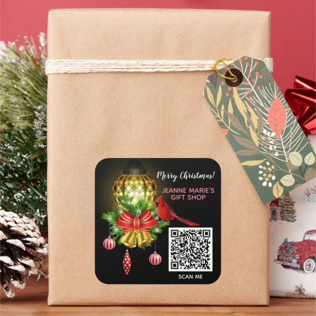 Frohe Weihnachts Lantern Kardinal Bird QR Code Quadratischer Aufkleber (Feiertag)