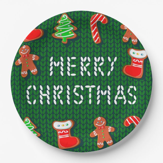 Frohe Weihnachts-Lebkuchen-Ornamente auf Grün Pappteller (Vorderseite)