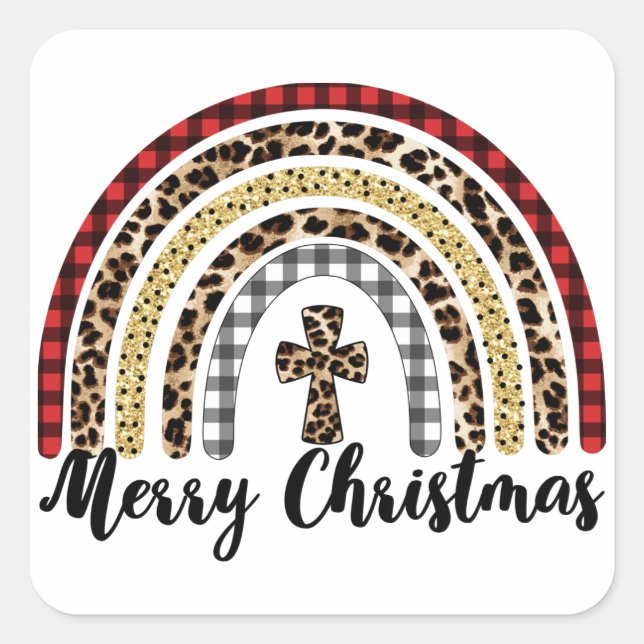 Frohe Weihnachts-Leopard Print Cross Quadratischer Aufkleber (Vorderseite)