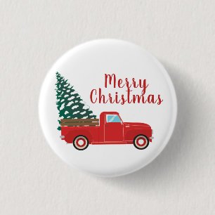 Frohe Weihnachts-Lieferwagen-LKW mit Baumrot Button
