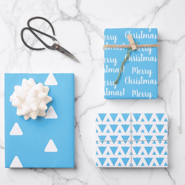 Frohe Weihnachts-Light Blue Triangle Geschenkpapier Set (Vorderseite)