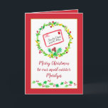 Frohe Weihnachts-Mail-Carrier-Individuelle Name Karte<br><div class="desc">Eine festliche Weihnachtskarte für Ihren Postträger am individuelle Name mit einem Brief an den Weihnachtsmann am Nordpol,  umgeben von einem heiligen Kranz illustriert mit Wasserfarbe auf rotem Hintergrund.  Passen Sie den Text an Ihre Bedürfnisse an.</div>