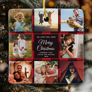 Frohe Weihnachts-Mama Rote Karierte Familienfotosa Keramikornament