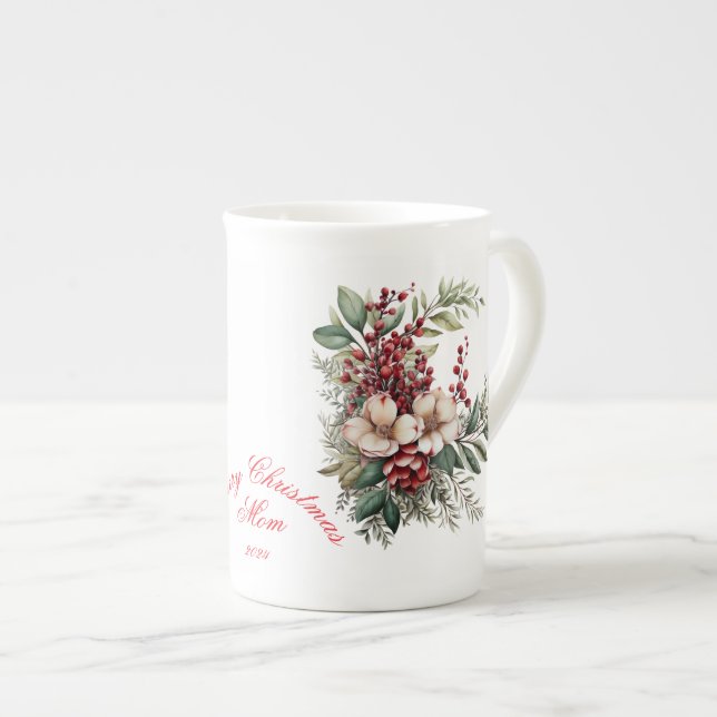 Frohe Weihnachts-Mama White Red Green Floral Prozellantasse (Vorderseite Rechts)