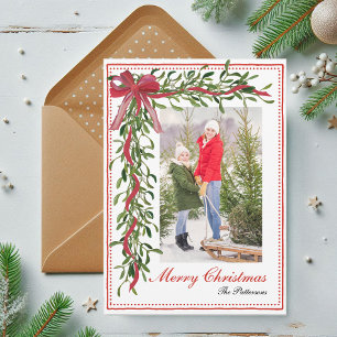 Frohe Weihnachts-Mistletoe Red Bow Family Foto Feiertagskarte