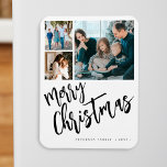 Frohe Weihnachts-moderne Foto Collage Magnet<br><div class="desc">Moderne stilvolle Merry Christmas Schwarz-Weiß handgeschriebene Kalligraphie Drehbuch 3 Fotos einfache,  weiße Feiertage bleiben festliche Magnet mit Ihrem individuellen personalisierten Text.</div>