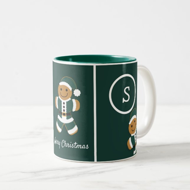 Frohe Weihnachts Monogram Gingerbread Santa Green Zweifarbige Tasse (VorderseiteRechts)