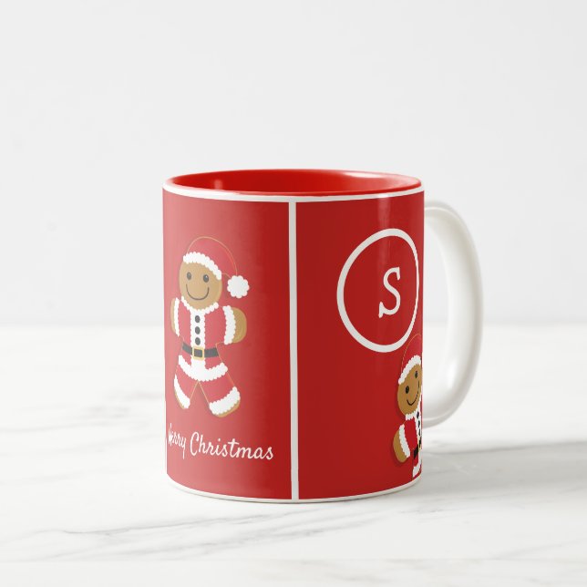 Frohe Weihnachts Monogram Gingerbread Santa Red Zweifarbige Tasse (VorderseiteRechts)