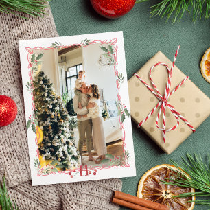 Frohe Weihnachts Monogram Holly Berry Foto Feiertagskarte