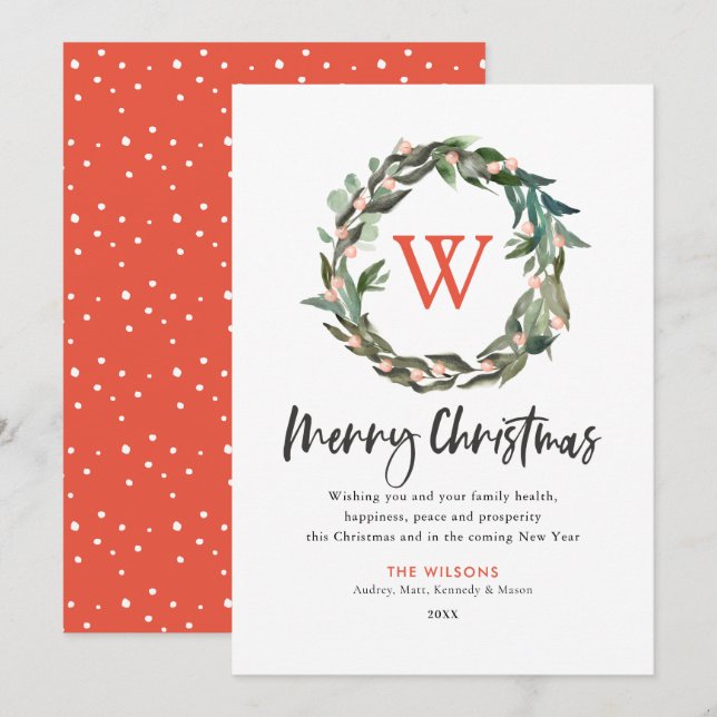 Frohe Weihnachts Monogram Wreath Holiday Card Einladung (Vorne/Hinten)