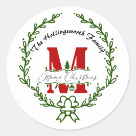 Frohe Weihnachts Monogram Wreath Runder Aufkleber
