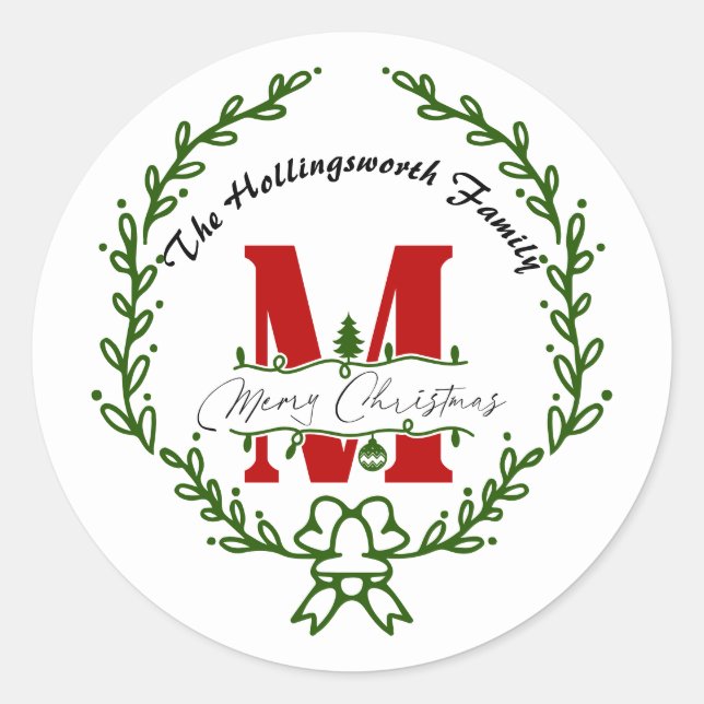Frohe Weihnachts Monogram Wreath Runder Aufkleber (Vorderseite)