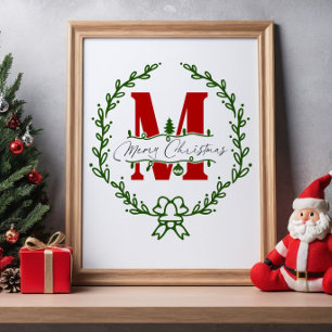 Frohe Weihnachts Monogram Wreath Wall Art Poster