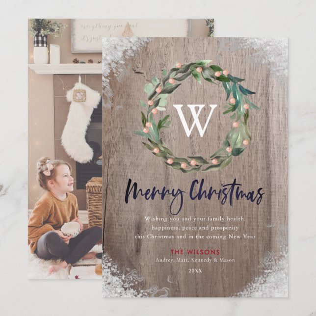 Frohe Weihnachts Monogram Wreath Wood Foto Card Einladung (Vorne/Hinten)