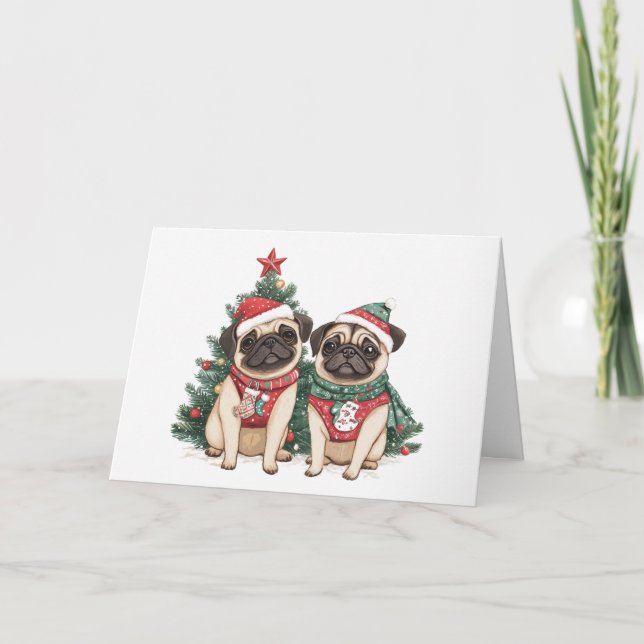 Frohe Weihnachts-Mops-Hunde Feiertagskarte (Vorderseite)
