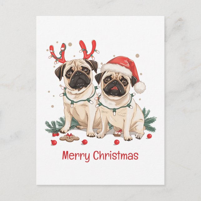 Frohe Weihnachts-Mops-Hunde Feiertagspostkarte (Vorderseite)