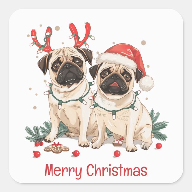 Frohe Weihnachts-Mops-Hunde Quadratischer Aufkleber (Vorderseite)