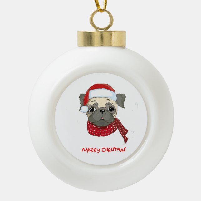 Frohe Weihnachts-Mops Keramik Kugel-Ornament (Vorderseite)