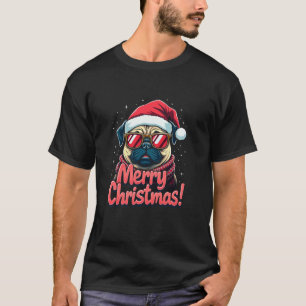 Frohe Weihnachts-Mops Sonnenbrille Weihnachtsmannm T-Shirt