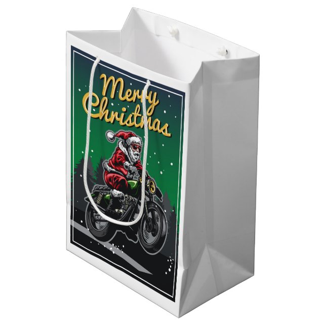Frohe Weihnachts-Motorrad Santa | Urlaub Mittlere Geschenktüte (Vorderseite Schrägansicht)