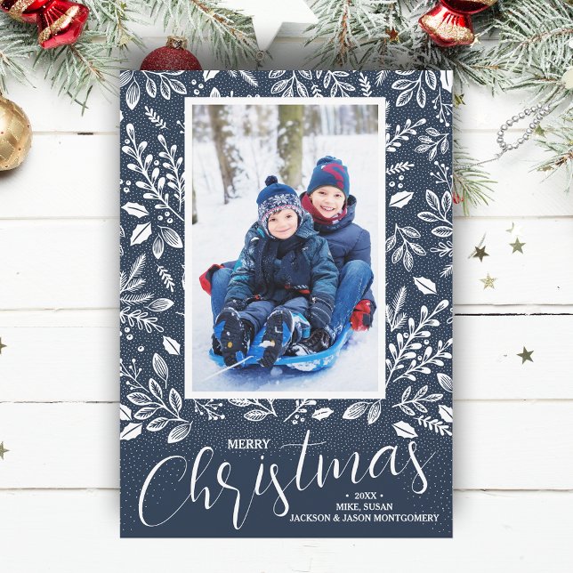 Frohe Weihnachts Navy Blue Foto Feiertagskarte (White botanicals on navy blue Merry Christmas photo holiday cards, PRINTED and/or INSTANT DOWNLOAD)