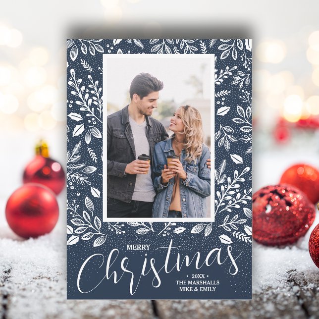Frohe Weihnachts Navy Blue Foto Feiertagskarte (White botanicals on blue Merry Christmas photo holiday cards, PRINTED and/or INSTANT DOWNLOAD)