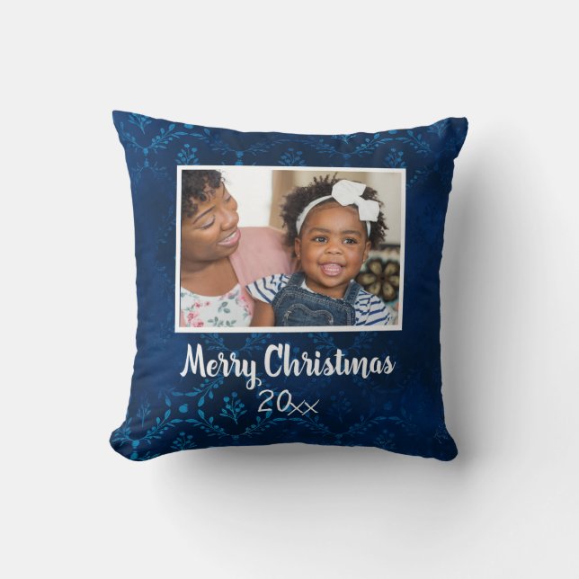 Frohe Weihnachts Navy Blue Foto Jahr Kissen (Vorderseite)