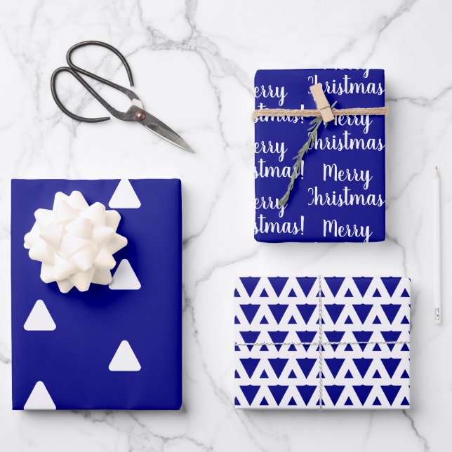Frohe Weihnachts-Navy-White-Dreieck Geschenkpapier Set (Vorderseite)