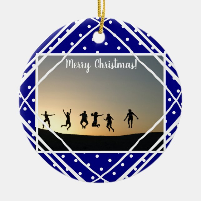 Frohe Weihnachts Navy White Modern Foto Keramik Ornament (Vorne)