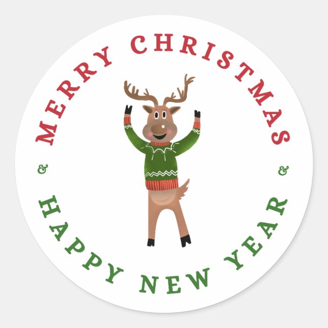 Frohe Weihnachts-Neujahr-Rentiersticker Runder Aufkleber (Vorderseite)