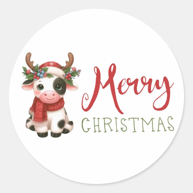 Frohe Weihnachts niedliche Kuh Runder Aufkleber (Vorderseite)