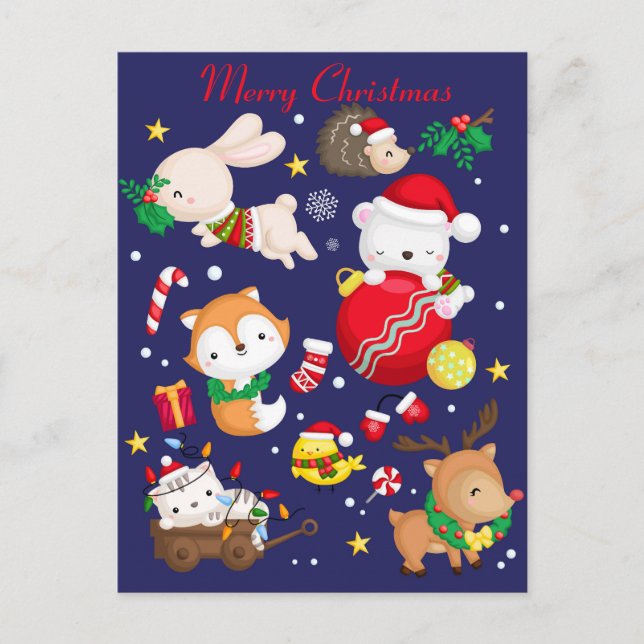 Frohe Weihnachts-Niedliche Tiere Postkarte (Vorderseite)