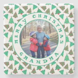 Frohe Weihnachts-Oma-Foto Grüne Bäume Weiß Steinuntersetzer